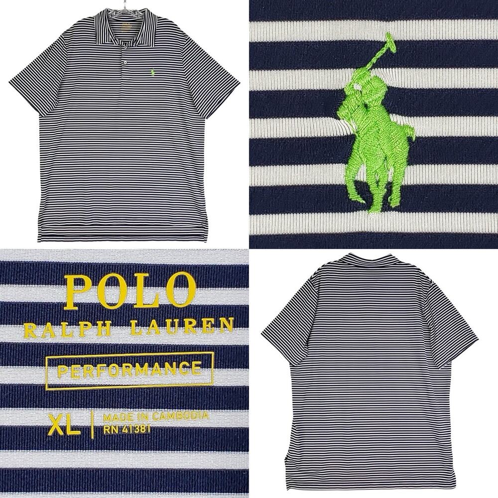 Polo Ralph Lauren Performance Polo Shirt Mens Size XL Blue White Stripe Golf